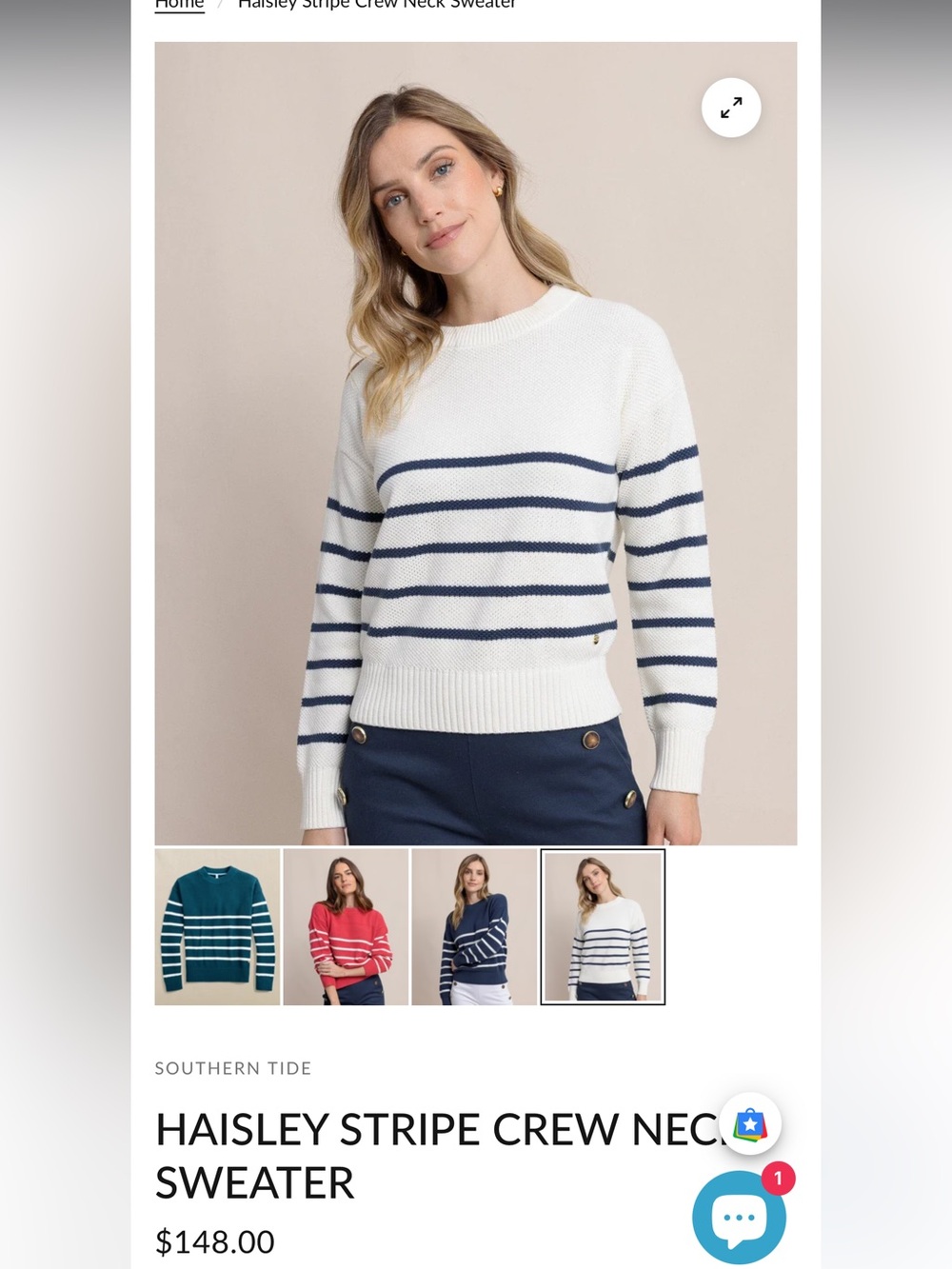 Southern Tide Haisley Stripe Crew Neck Sweater - White with Navy Stripes size M